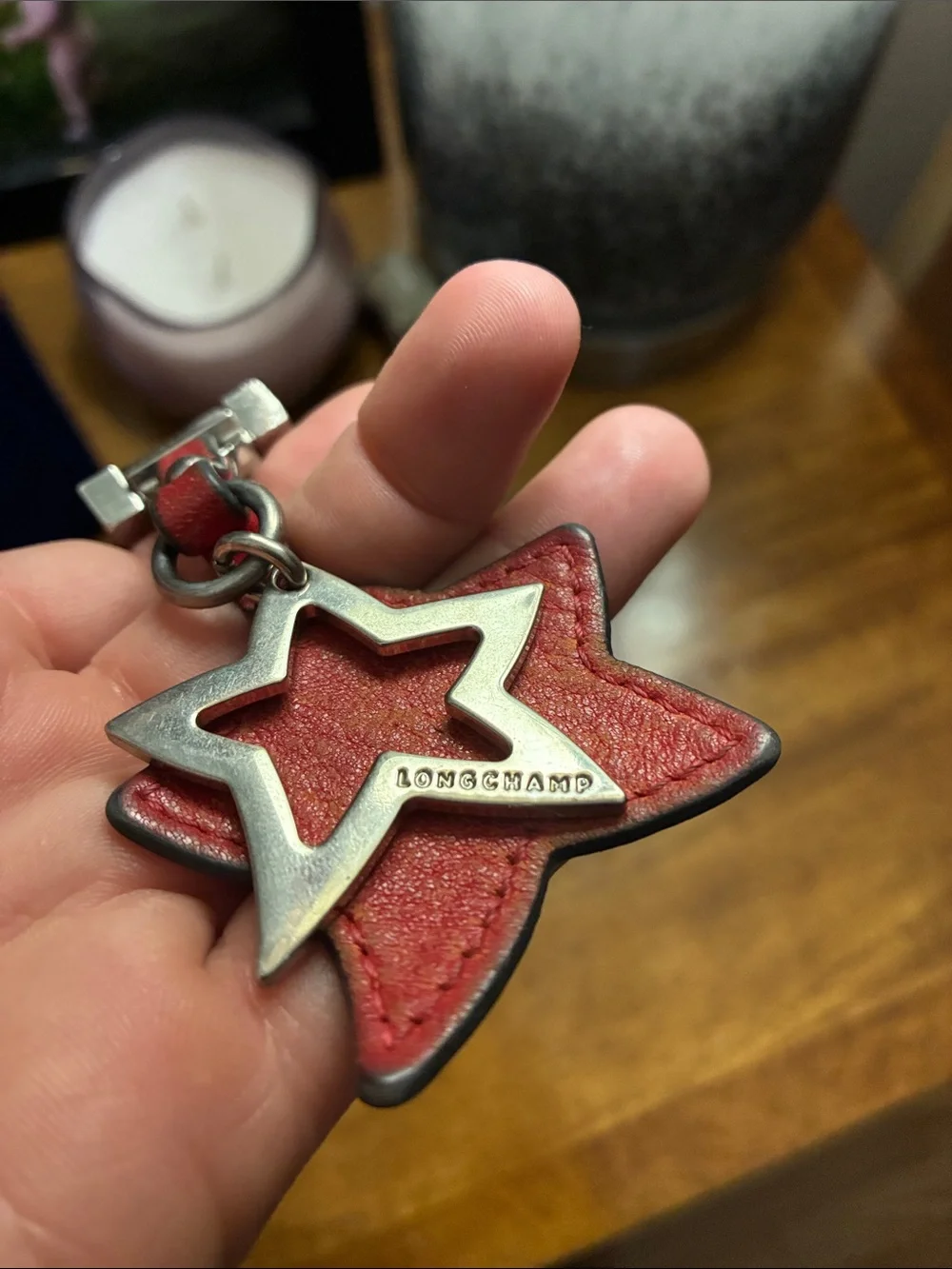 Longchamp Red Star Leather Key Fob with Metal Detail